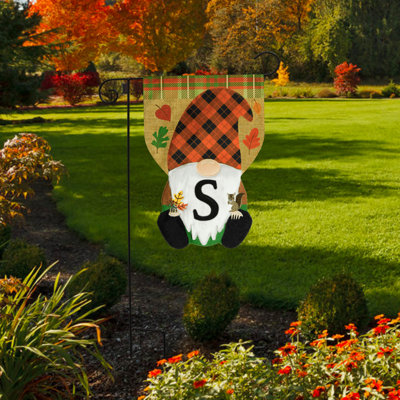 Automne, gnome, monogramme, lettre S, drapeau de jardin