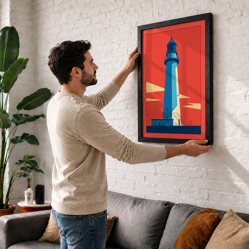 Lighthouse at Dawn Geometric - Framed Print, A2 - 59.4 x 42.0 cm, White