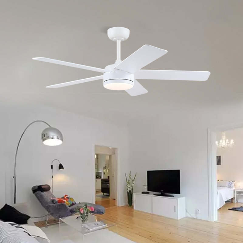46" 5-blade White Modern Ceiling Fan With Lights And Remote Control, White