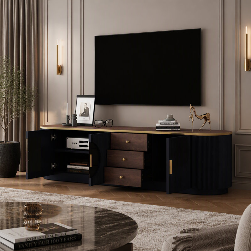 Meuble télé moderne blanc, centre de divertissement spacieux en MDF avec rangement pour le salon, Black