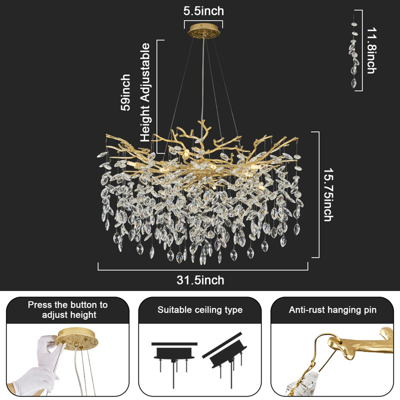Tree Branch Crystal Chandelier Lighting 32"D, 15.7" H x 31.5" W x 31.5" D, 10, Gold/White
