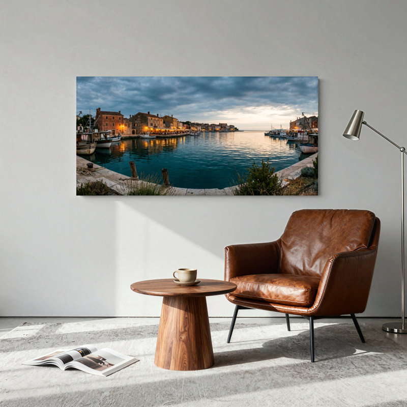 Ensemble de 1 tableau sur toile « Coucher de soleil sur le port », L 32 po x H 16 po, Toile tendue