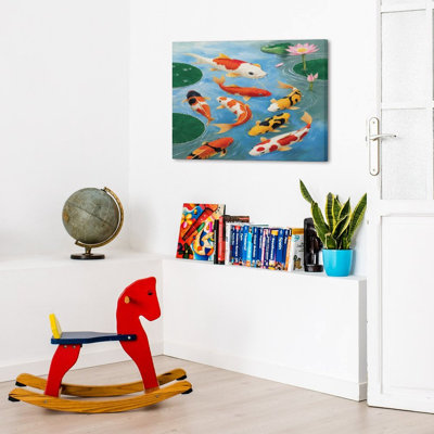 Scène colorée de poissons koi / étang coloré, cadre en bois intégré, murale, 16 x 20