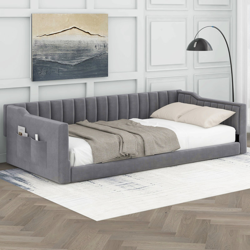 Xl Size Upholstery Daybed And Side Storage Pocket, Gray