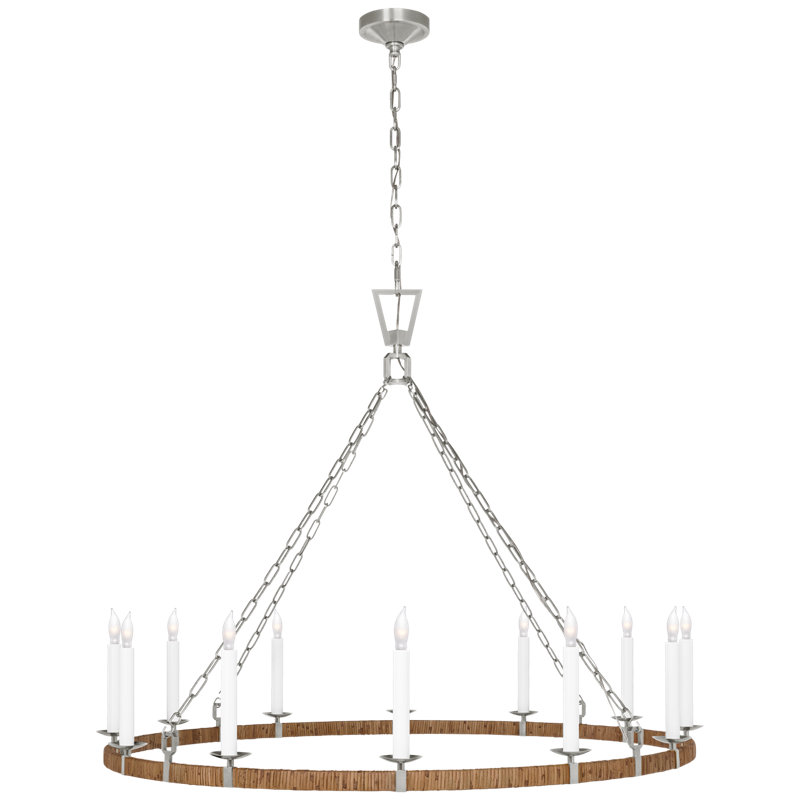 Darlana 12 - Light Wagon Wheel Chandelier, 38.75" H x 50" W x 48.5" D, Polished Nickel/Natural Rattan