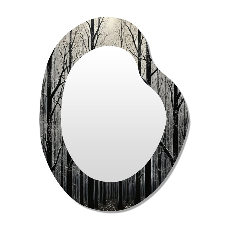 Forêt noire et blanche - miroir décoratif de forme irrégulière monochrome, miroir mural asymétrique traditionnel, impression d'art en métal