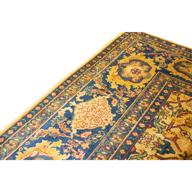 Tapis doré et bleu de haute qualité noué à la main