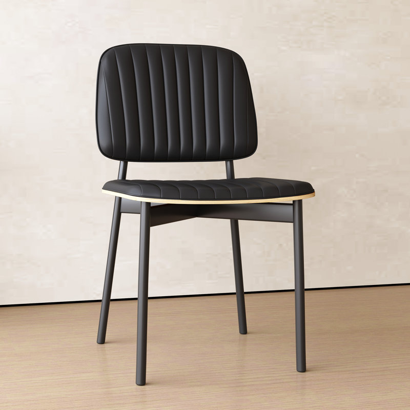 Mid-Century Modern Dining Chairs Set of 4, Upholstered Faux Leather Seat & Back, Wood Accent with Metal Legs, Side Chairs for Kitchen, Dining Room & Living Room, Black