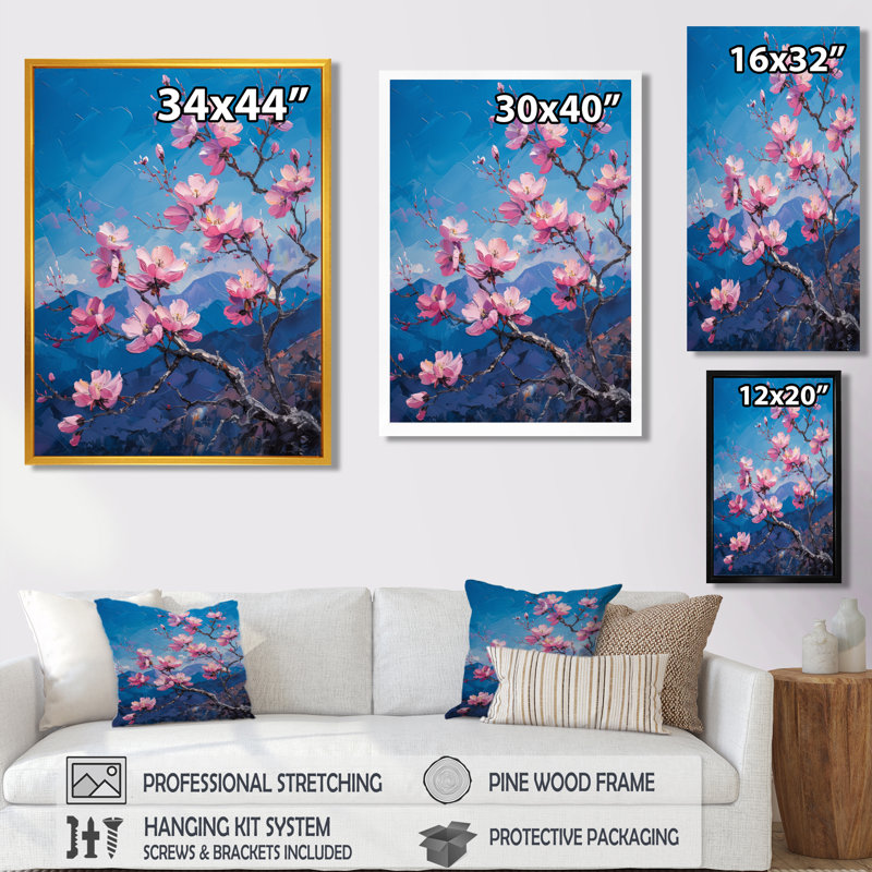  «Pink Blue Cherry Blossom Tree Beauty II - Cherry Blossom, reproduction d'art murale, Toile avec cadre flottant brun