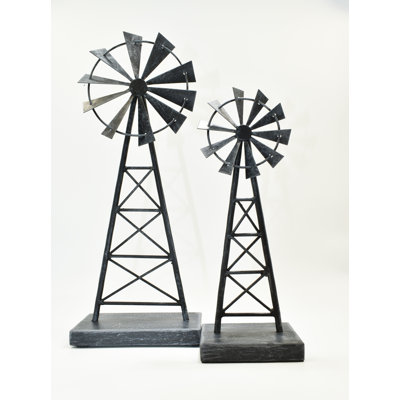 Adam & Friends Home Decor Metal Windmills (Large & Small) Sculpture | 2-Piece | Pewter