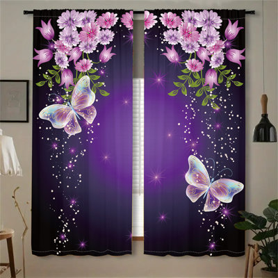 2Pcs Purple Butterfly Floral Print Curtains Rod Pocket Panels Digital Printing Light Blocking Window Treatment Polyester Material Modern Elegant Bedroom Living Room Dining Home Decor