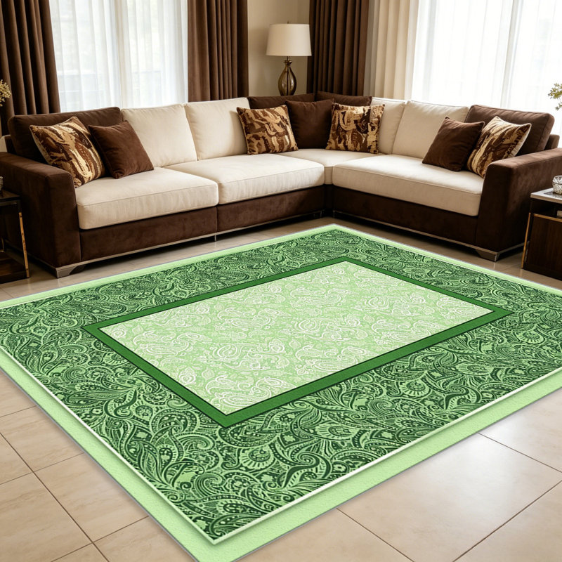 Green Paisley Border area rugs for Living Room, Soft and Comfortable, Suitable for all seasons, easy to maintain, machine washable Indoor floor mat, Under Table Farmhouse suitable for Bedroom, Dining Room, Study, Patio, Balcony, Home Decor