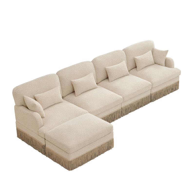Canapé modulaire en forme de L de 131 po avec repose-pieds mobile, tissu chenille beige à imprimé léopard, siège profond avec garniture à pampilles pour le salon