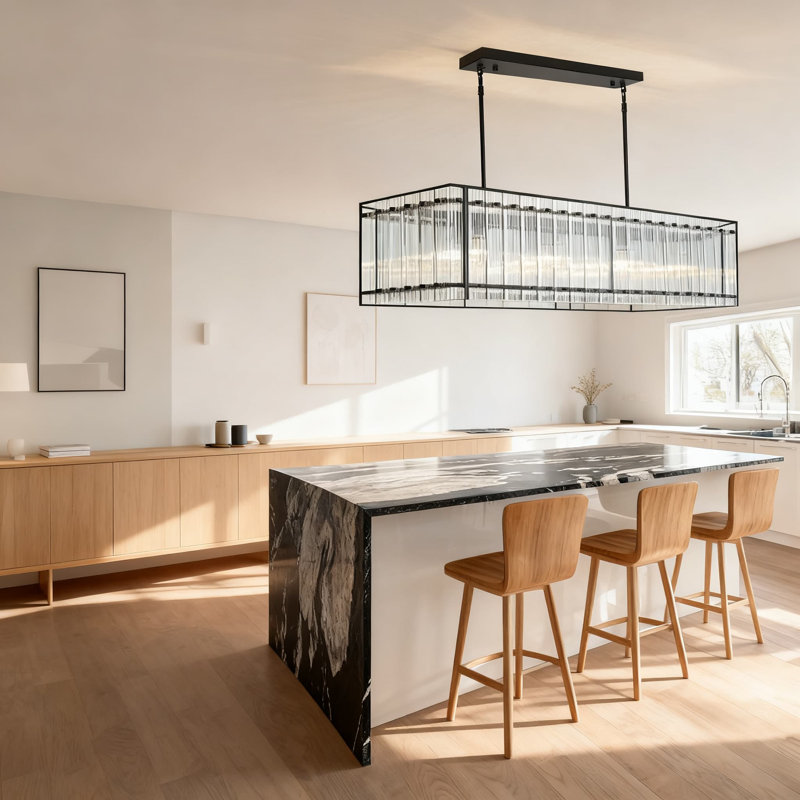 Lustre moderne moderne avec abat-jour en verre nervuré, luminaire suspendu à hauteur réglable pour îlot de cuisine et salle à manger, éclairage de ferme à intensité variable