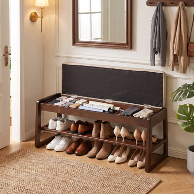Banc à chaussures en bois massif avec banc de rangement pour hall d'entrée avec siège en cuir de qualité supérieure et tablettes de rangement dissimulées à niveaux pour le couloir, la chambre à coucher et le vestibule