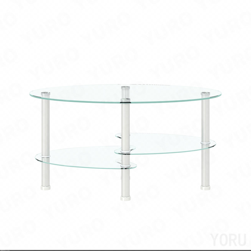 Table basse ovale transparente en verre, table moderne avec pieds en acier inoxydable, table à thé en verre à 3 couches pour le salon