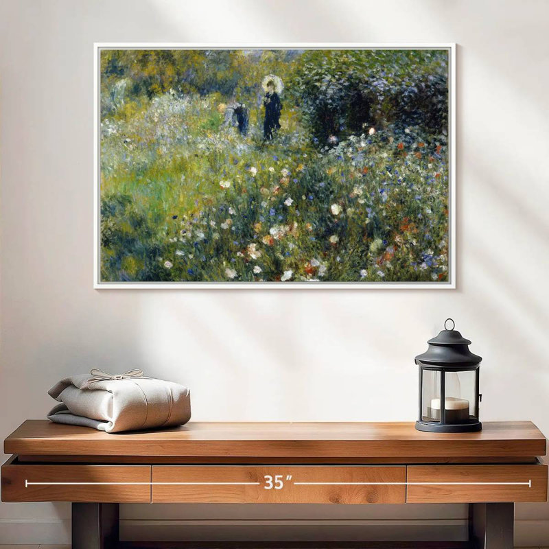 Femme avec un parasol dans un jardin, 25 po x 17 po, Cadre flottant blanc
