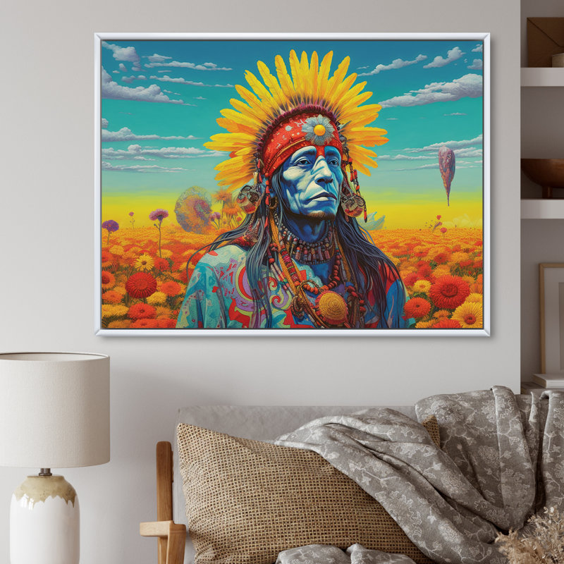 Chaman amérindien avec coiffe en plumes I sur toile, H 12 po x l 20 po, Cadre photo blanc