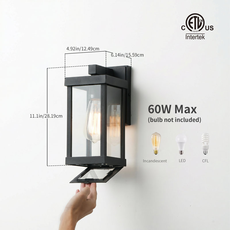 Olar Classic 11.1'' H 1-Light Outdoor Wall Sconce, Black Rectangular Metal Frame with Clear Glass Shade, Waterproof, 1