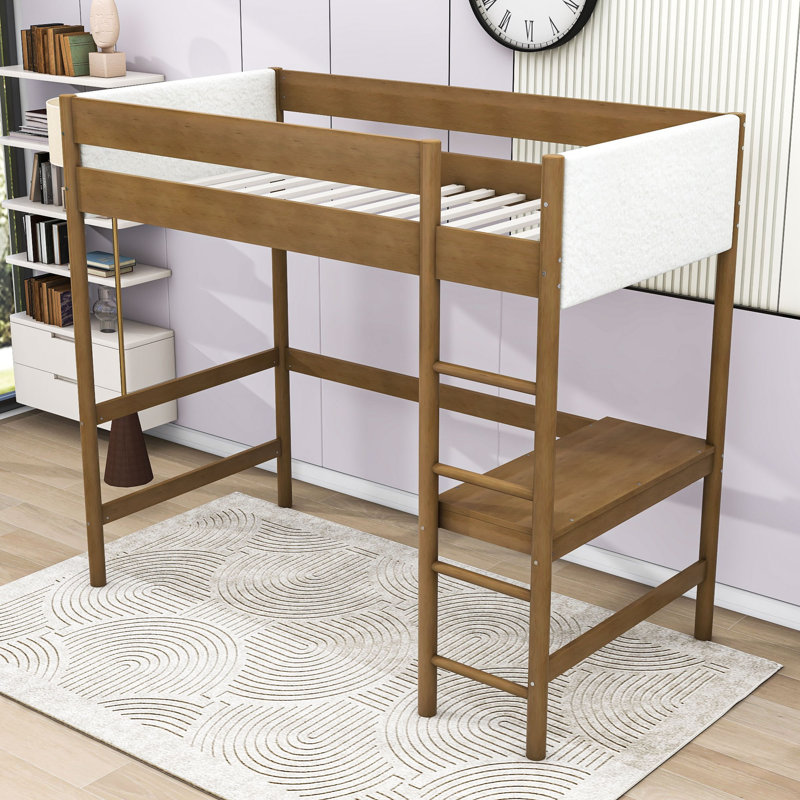Teddy Upholstered Twin Wood Loft Bed With Desk, Ladder And Guardrails