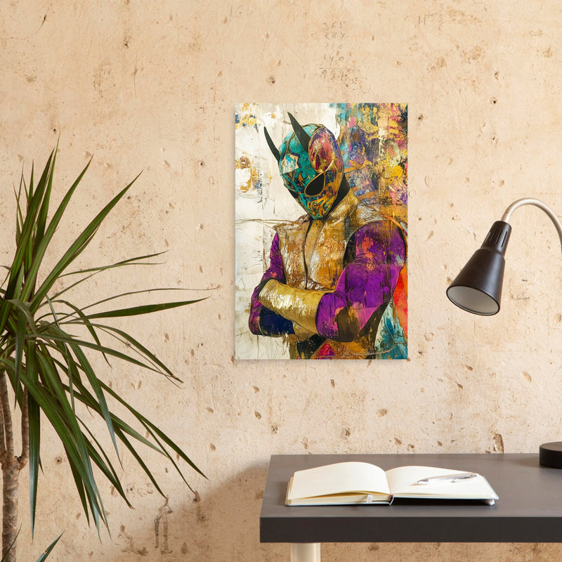 Art mural urbain contemporain abstrait et coloré, Urban Masked Warrior, 24" H x 16" W