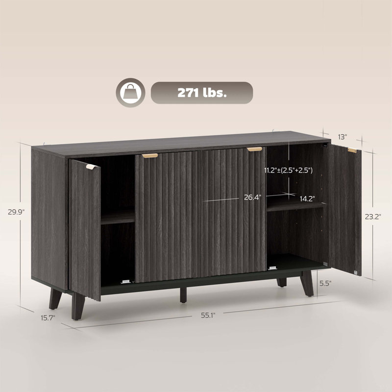 Armoire à café, buffet cannelé, avec portes, tablettes réglables, pieds en bois, Gris foncé