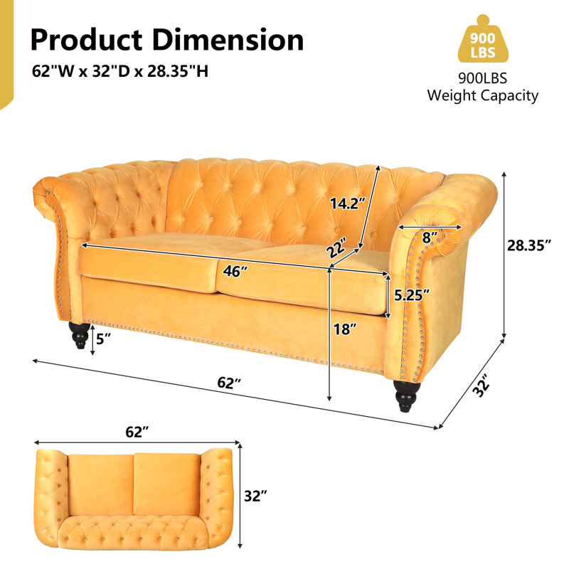 Johnette 62'' Velvet Rolled Arms Chesterfield Sofa, Yellow Velvet