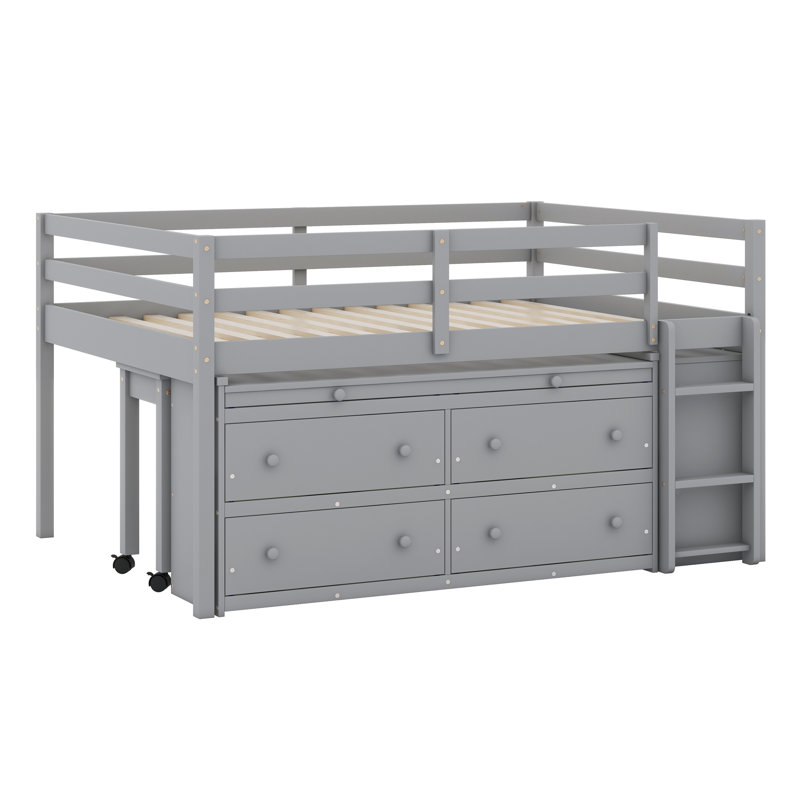 Loft Bed With Retractable Writing Desk And 4 Drawers, Loft Bed With Lateral Portable Desk And Shelves, Gray, Full / Double