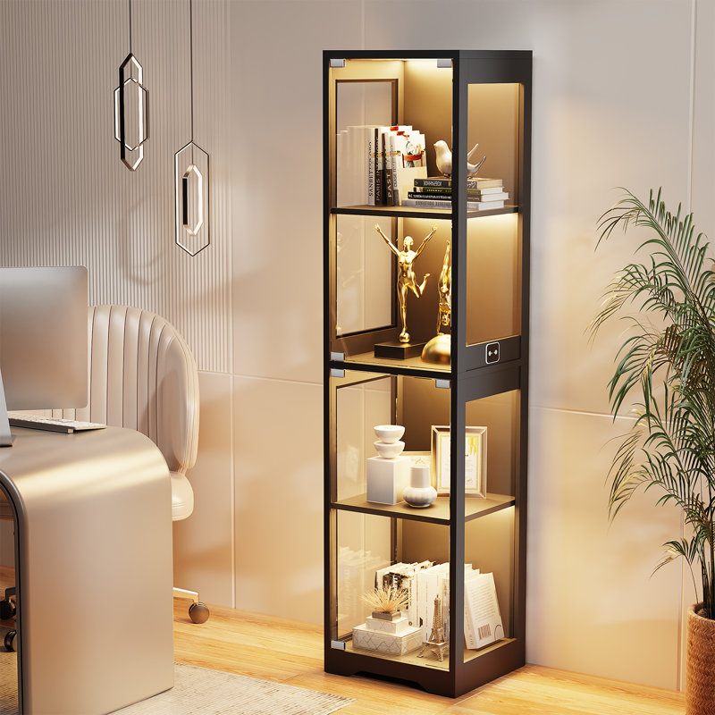 Glass Display Cabinet, 4-Tier Curio Cabinet with 3 Color Lights for Collectibles, Bookshelf with Door, Glass Display Case with Human Body Sensor, Black