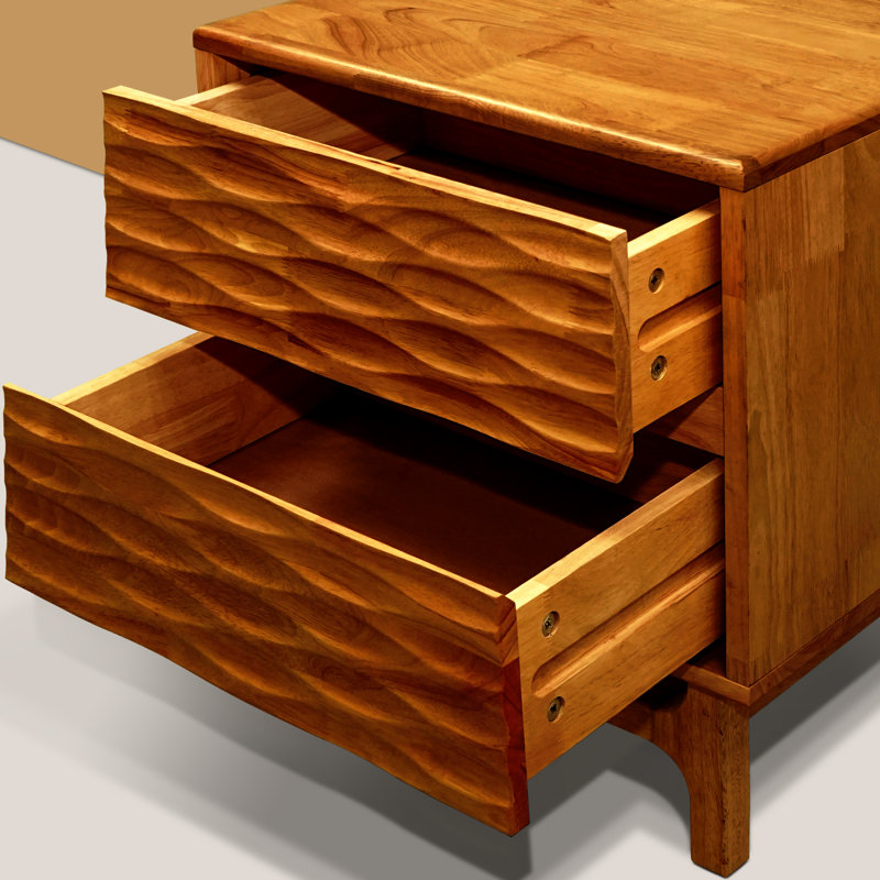 Elara Solid Wood 2-Drawer Nightstand with Carved Wood Grain – Mid-Century Modern Bedside Table for Bedroom or Living Room, 5 Years Warranty