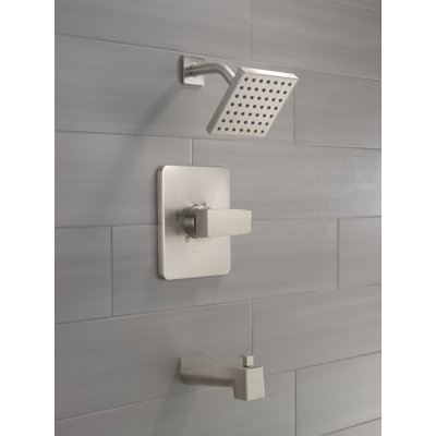 Modern 14 Series Square Bathtub and Shower Faucet Set, Brushed Nickel Shower Head and Handle Set, Valve Trim Kit, Stainless (Valve Not Included)