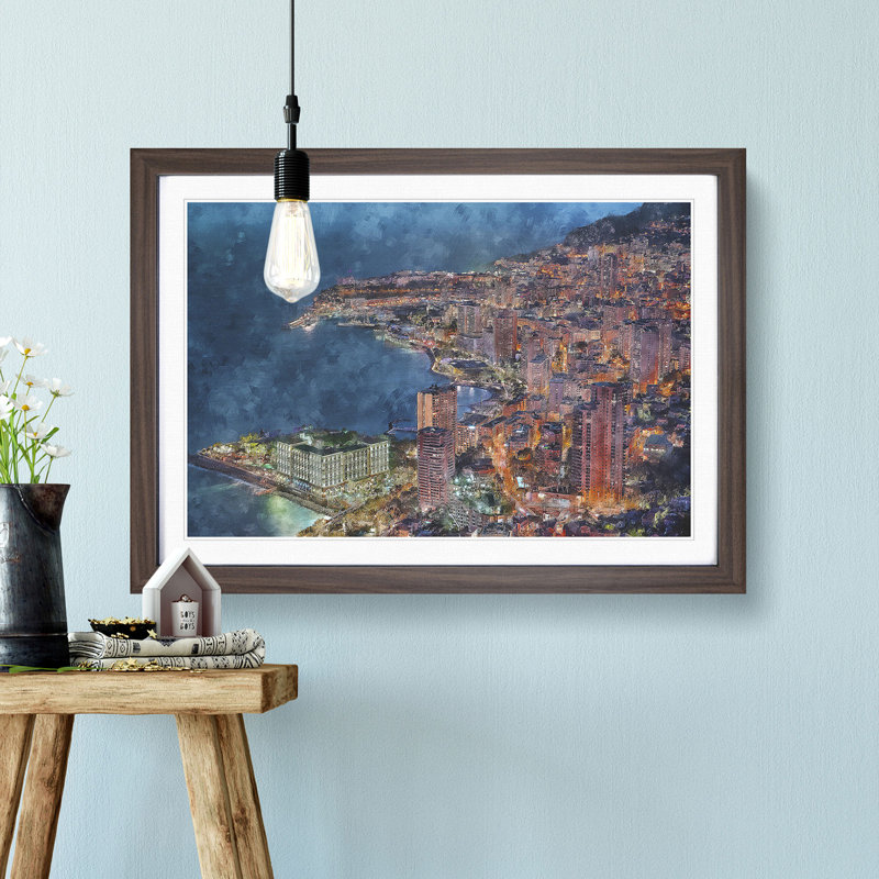 Monte Carlo Skyline in Monaco - Picture Frame Graphic Art Print, 45cm H x 63cm W x 2cm D, Walnut Framed