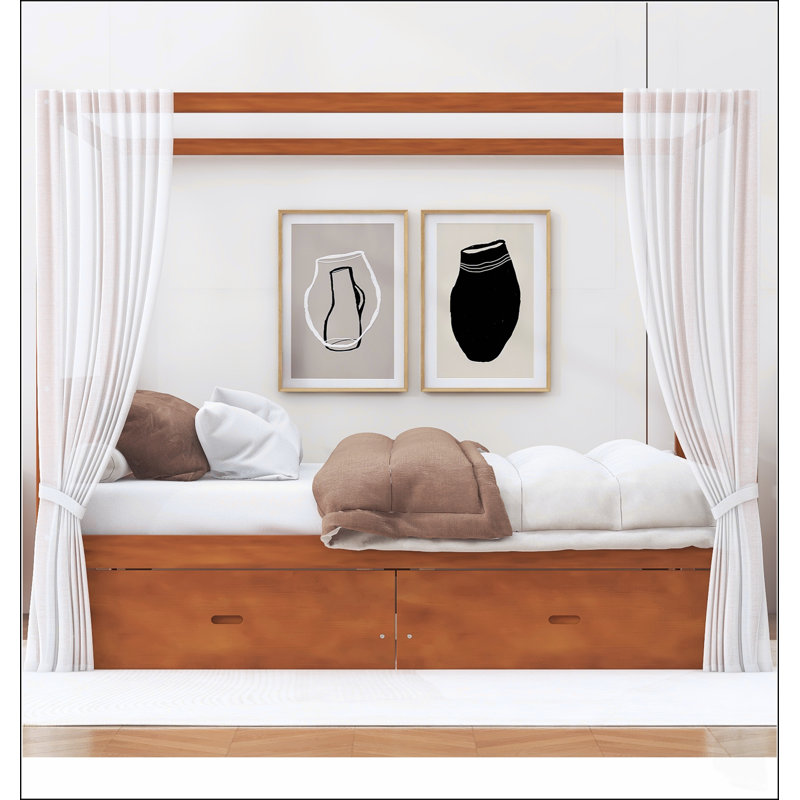 Lit à baldaquin en bois Queen Size avec tiroirs de rangement, durable et élégant pour les chambres modernes, Grand lit