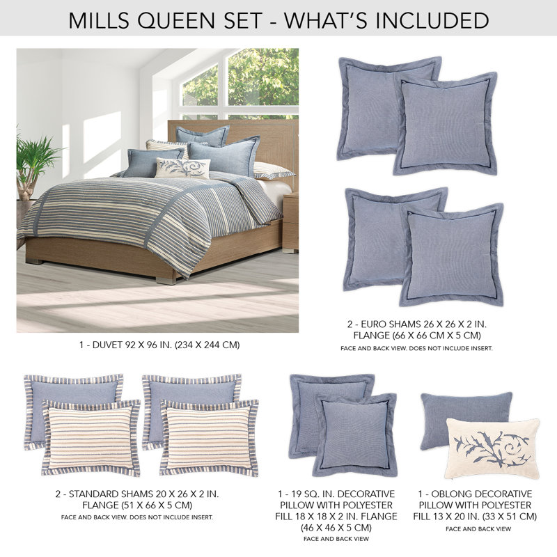 Mills Duvet Set - Denim, Queen Duvet Cover + 4 Shams + 2 Throw Pillows