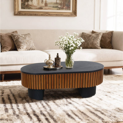 Table basse de salon elliptique de 43,7 po avec rangement caché et plateau amovible, table basse moderne en placage de bois massif. Convient aux salons, chambres à coucher, appartements ou bureaux, noir et noyer