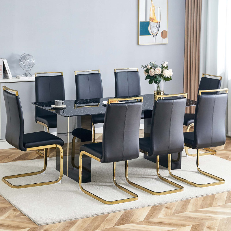 Ensemble de table et de chaises. Salle à manger luxueuse en verre trempé, 9