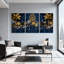 Plantes et fleurs, arche gothique bleue, fleurs d'or, palmiers, ensemble de 3 impressions sur toile-1359313598