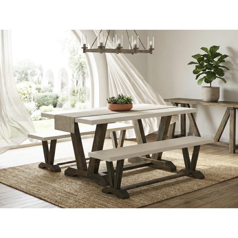3 Piece Dining Room Table Set - 1 Dining Table and 2 Wood Benches - Reliable and Sturdy Construction - Linen White Table top and Distressed Jacobean Finish