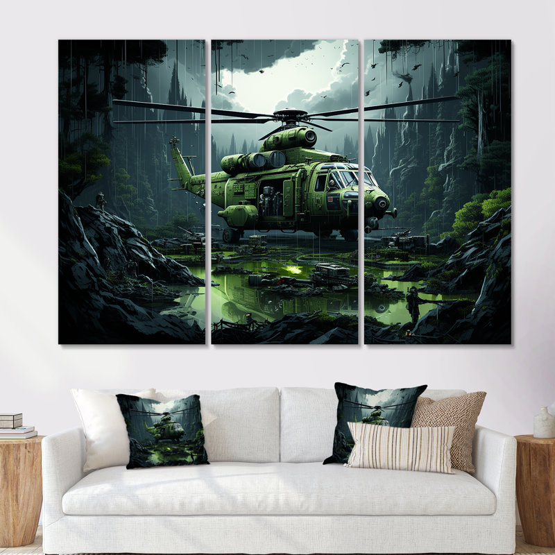 Hélicoptère militaire dans la jungle - ensemble d'art mural militaire, Toile tendue, H 28 po x l 36 po x P 1 po