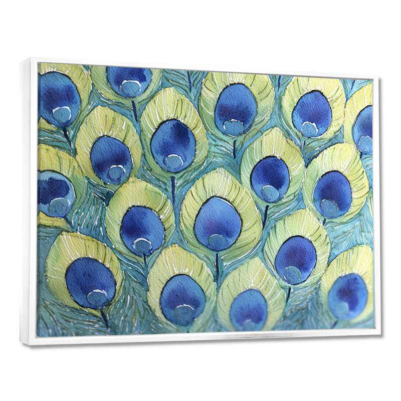 «Grindle Blue and Green Peacock Feather Collage IV», art mural sur toile paon, H 24 po x l 32 po, Cadre flottant, Blanc