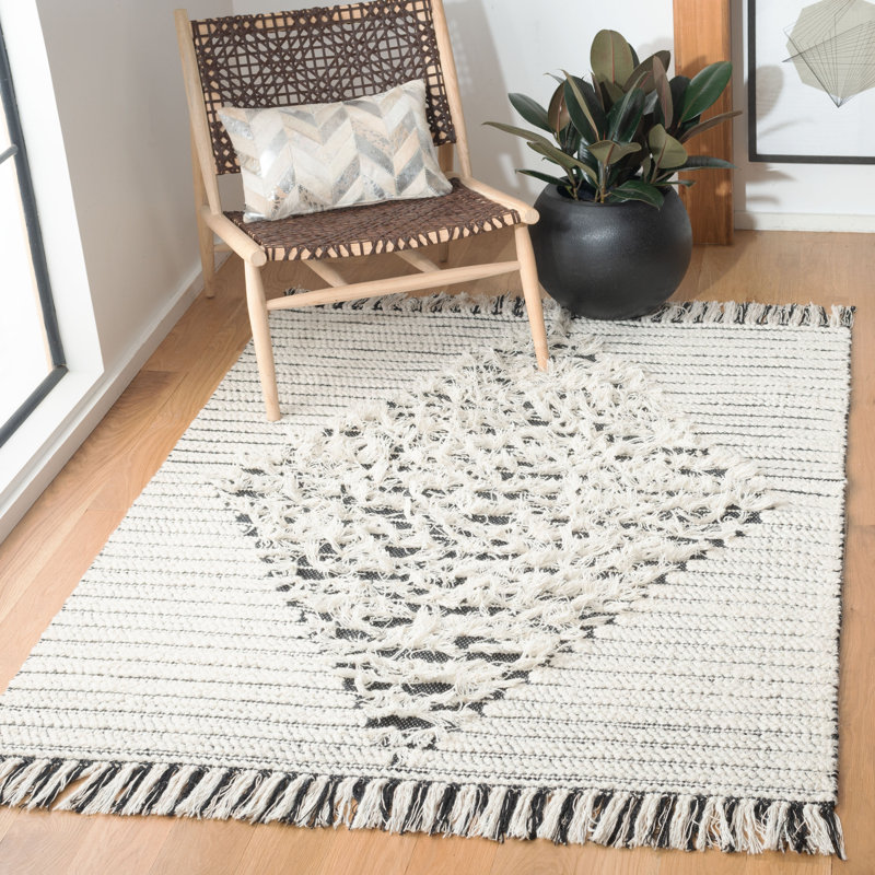 Vermont Flat Weave Wool/Cotton Striped Rug in Ivory/Black, Rectangle 4' x 6'
