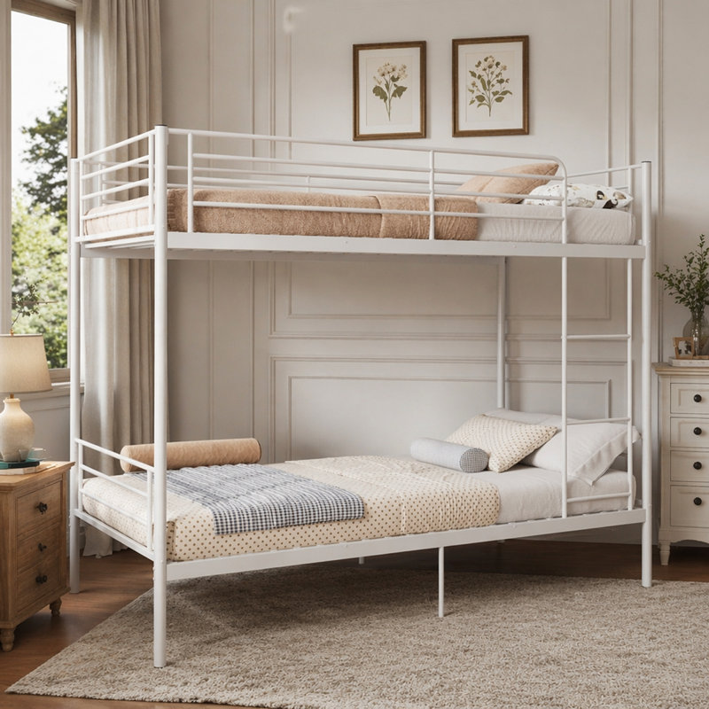 Lit superposé avec échelle et garde-corps élevé, capable de se diviser, lit superposé en métal, espace de rangement, silencieux, taille simple sur simple, blanc