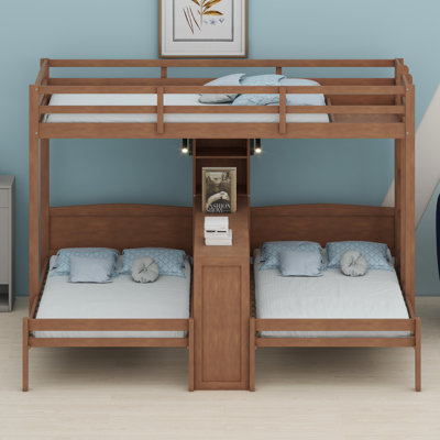 Space-Saving Loft Bed Featuring Built-in Desk, Shelving, and Task Lamps