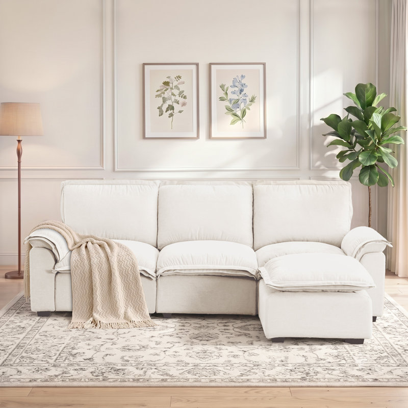 103" Chenille Upholstered Cloud Sofa Modular Sectional Couch 4-Seater L-Shaped Comfy Sofa with Ottoman for Living Room, White