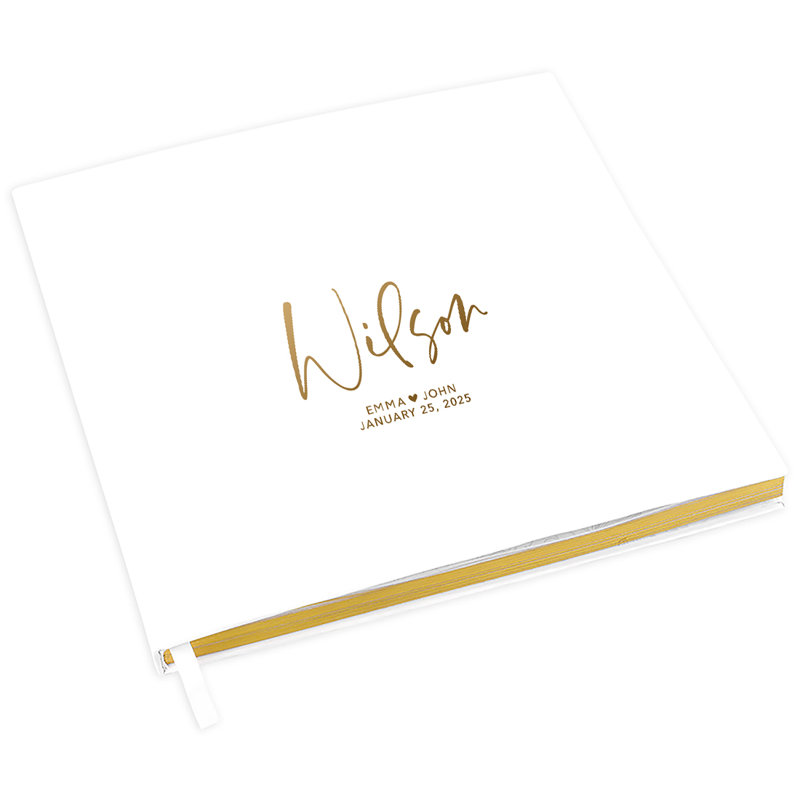 Livre d'or de mariage personnalisé, nom de famille personnalisé or moderne et blanc, Oui