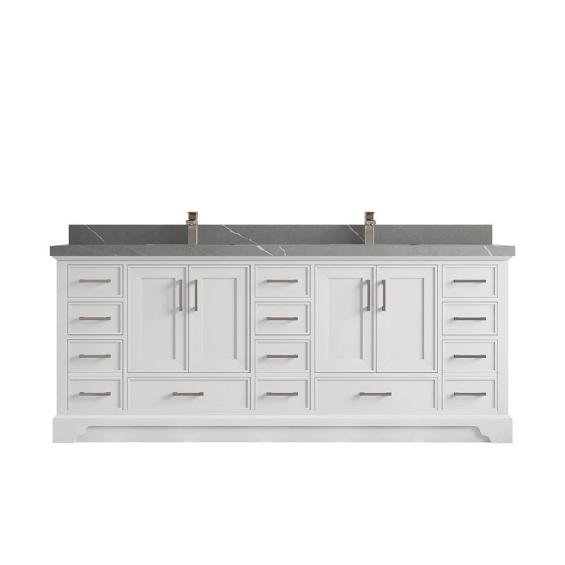 Meuble-lavabo double 84 po avec plateau en quartz Charlotte, Gris Piatra
