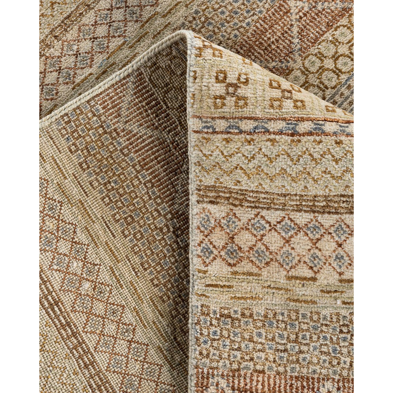 Beige and Light Brown Hand-Knotted Wool Geometric Area Rug, 9'3" x 12'3"