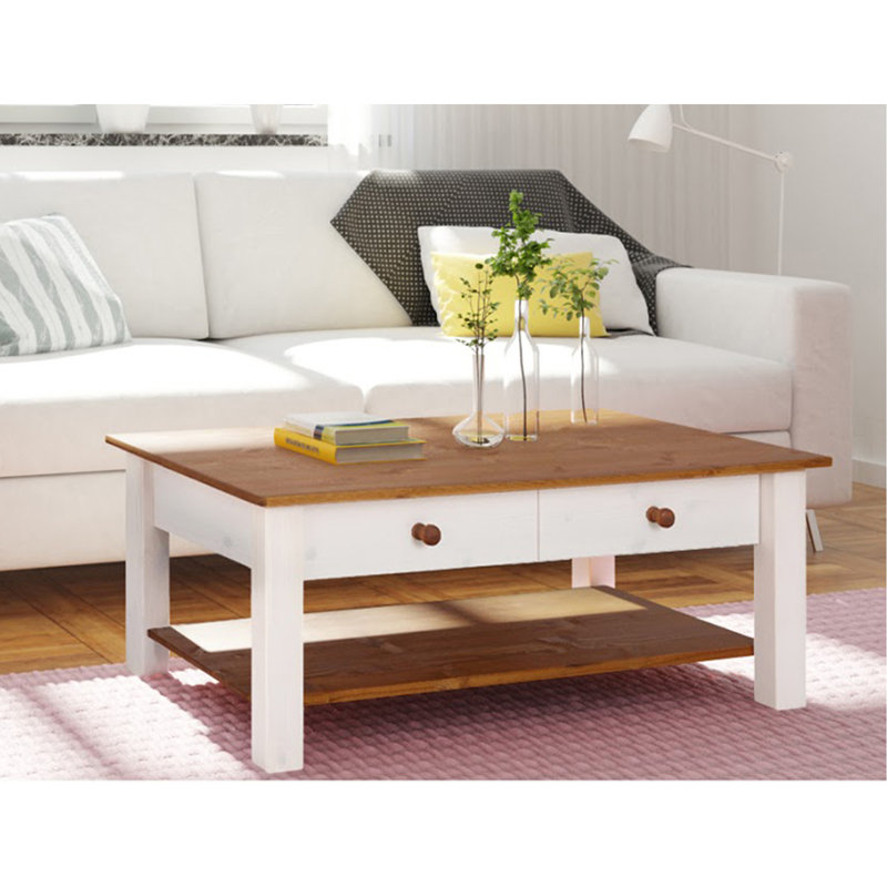 Alaine Solid Wood Four Leg Coffee Table with Storage, White/Honey