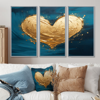 Cœur doré brillant bleu sarcelle foncé - ensemble d'art mural imprimé abstrait