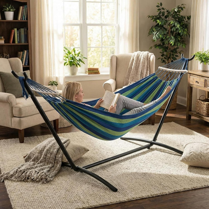 Space-Saving Double Hammock with Heavy-Duty Steel Stand – Comfortable & Durable 2 Person Patio Hammock – 450 lbs Capacity – Indoor/Outdoor Use – Includes Carry Bag